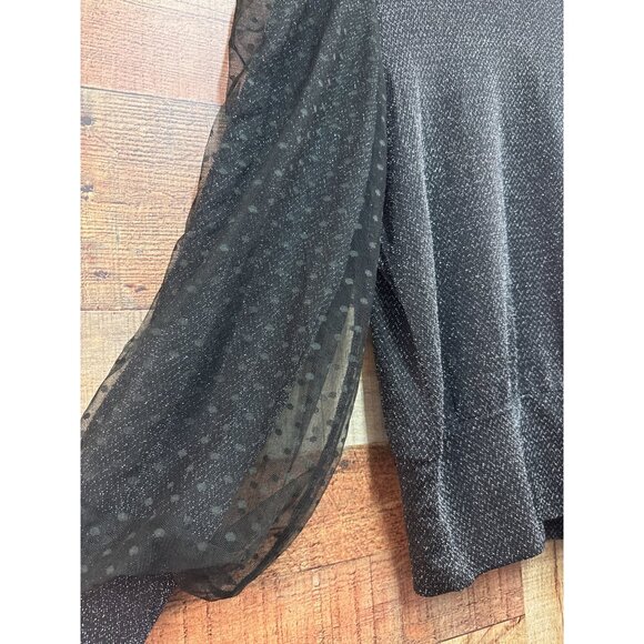 Jolie & Joy Black Glitter Long Sleeve Top With Sheer Polka Dot Balloon Sleeves X - Picture 2 of 8